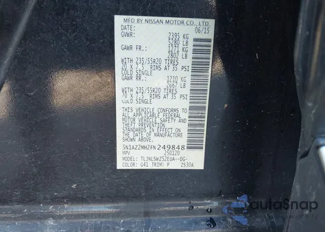 2015 Nissan Murano Platinum from USA, damaged, VIN 5N1AZ2MH2FN249848